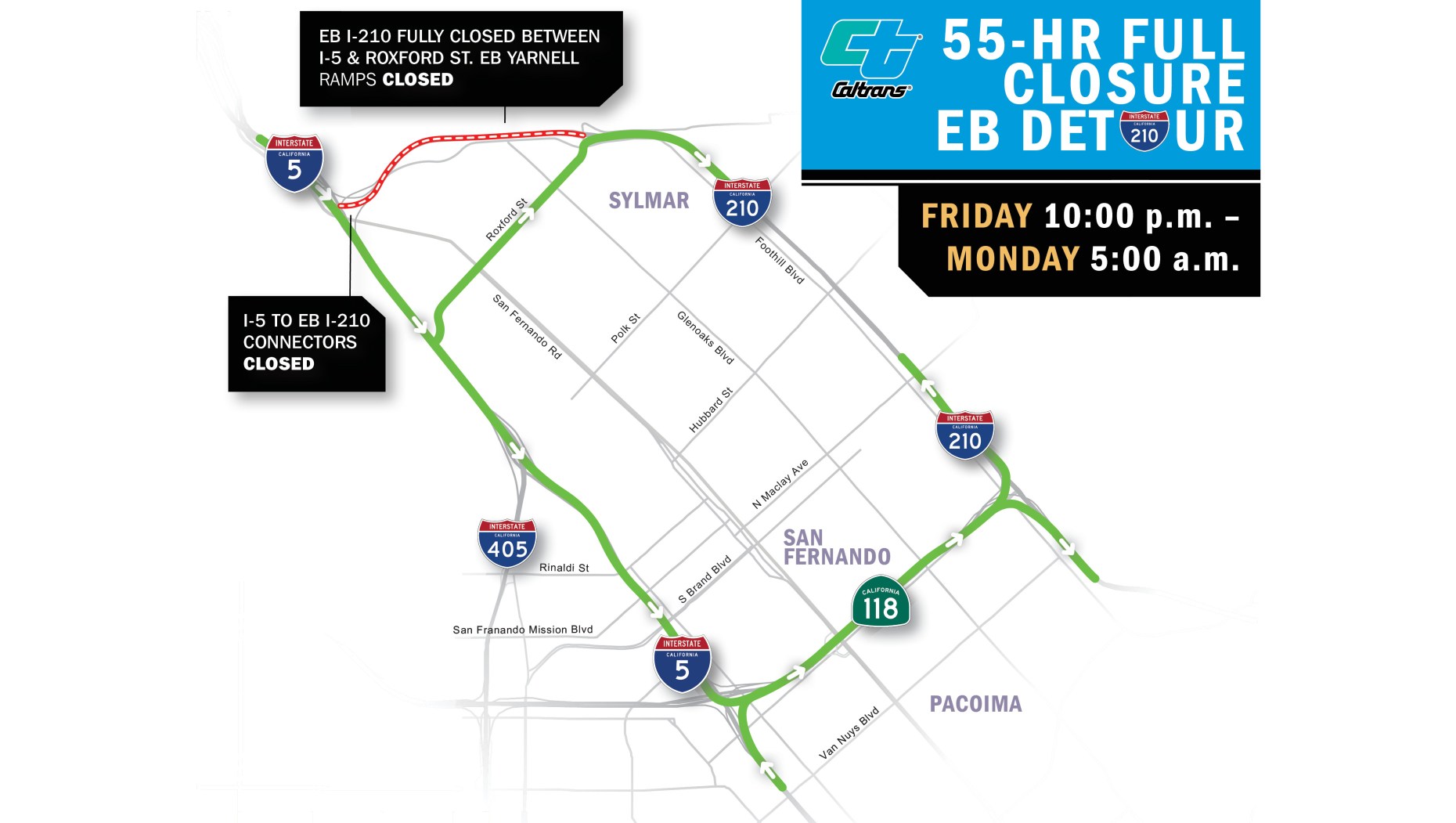 Caltrans plans a 55-hour full closure of eastbound lanes on 210 Freeway at the 5 Freeway in Sylmar, Oct. 2-5