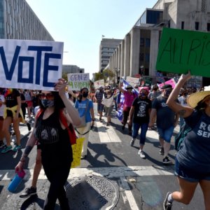 Women protest against Trump/Pence, rally voters around Southern California