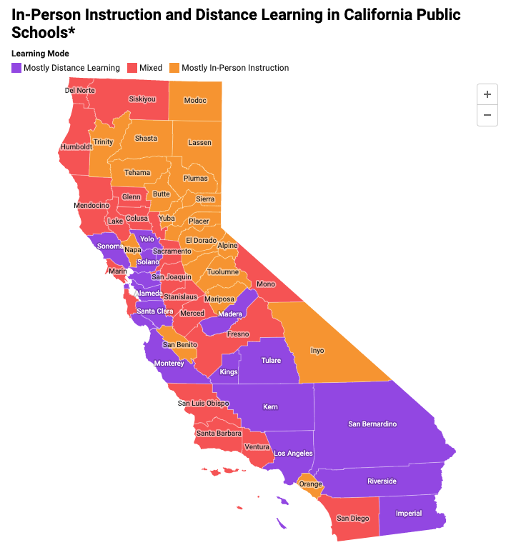 Map: In-Person Instruction and Distance Learning in California