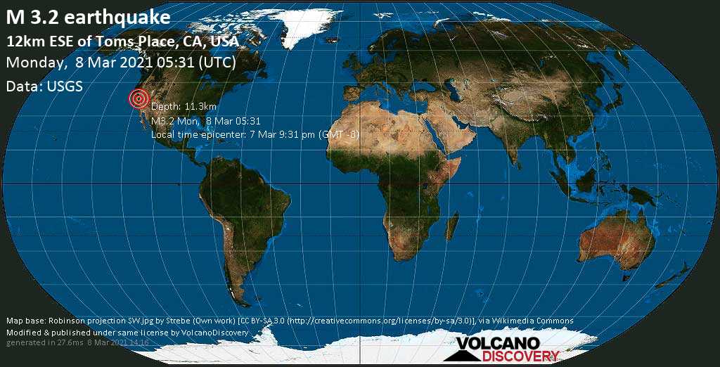 Light mag. 3.2 earthquake - Mono County, 14 mi northwest of Bishop, Inyo County, California, USA, on Sunday, 7 Mar 2021 9:31 pm (GMT -8) -