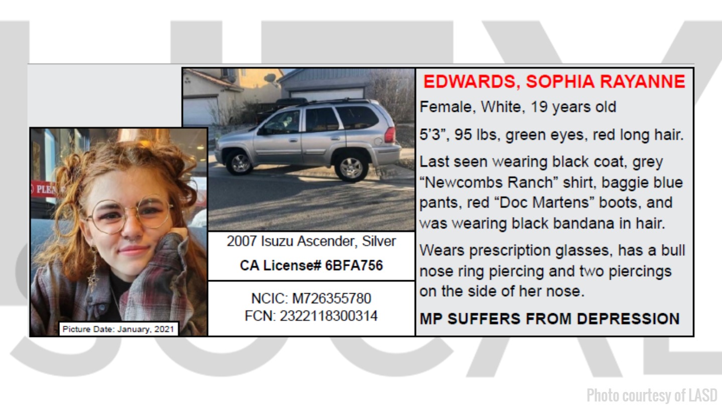 Sophie Rayanne Edwards, missing, last seen in Angeles National Forest