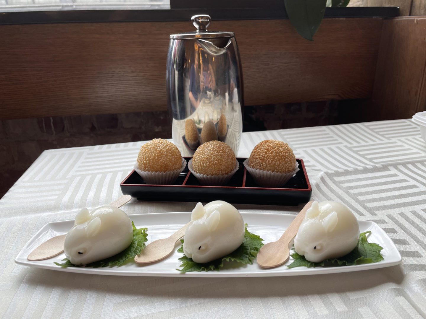 Chef Tony signature coconut jelly bunnies and sesame rice balls for dessert.
