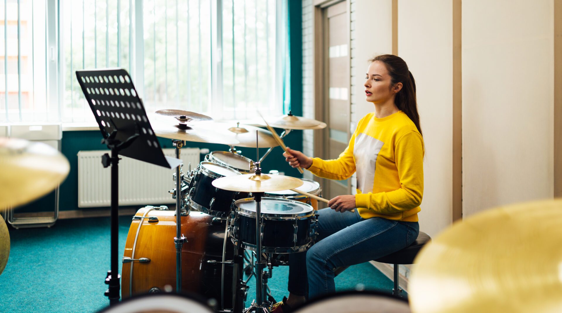 drummer, drum set, teen, girl, music education