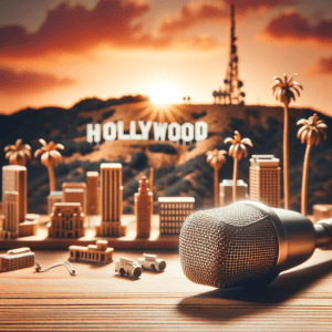 "A vintage microphone sits center stage against a backdrop of the 'Greater LA' sign-off message, with the Hollywood sign and palm trees evoking LA's essence, symbolizing a poignant goodbye to a treasured radio program.