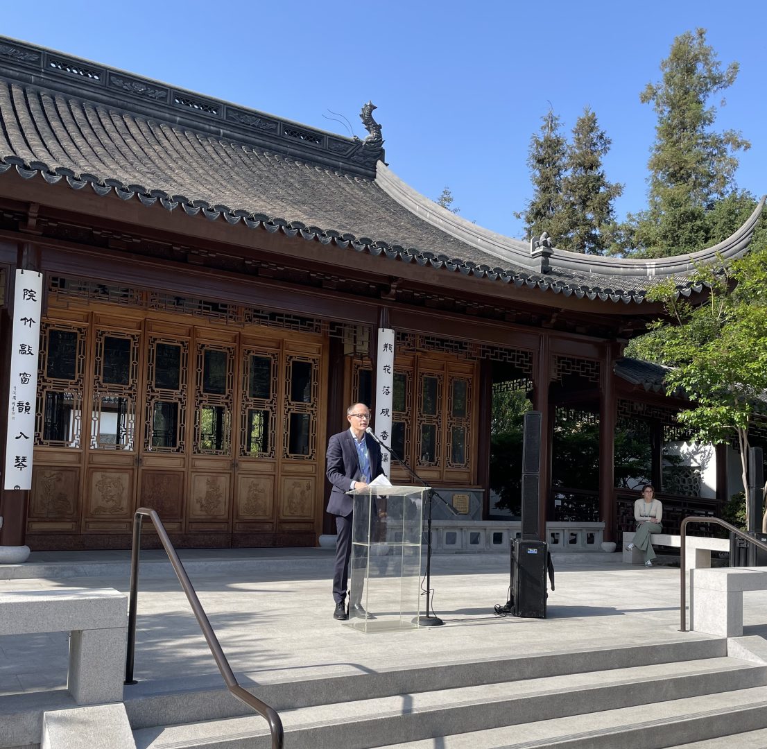 The Chinese Medicinal Garden's curator, Phillip Bloom, speaks to the press on May 21, 2024