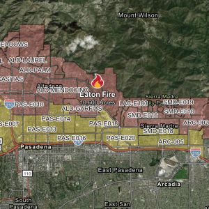 This map shows evacuation zones for the Eaton Fire. For updated information, visit the Cal Fire website.