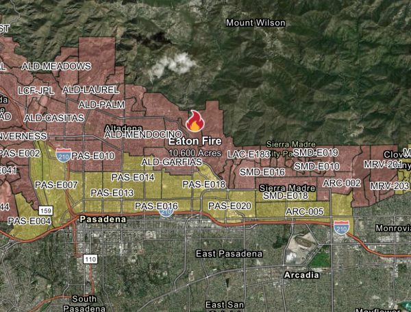 This map shows evacuation zones for the Eaton Fire. For updated information, visit the Cal Fire website.