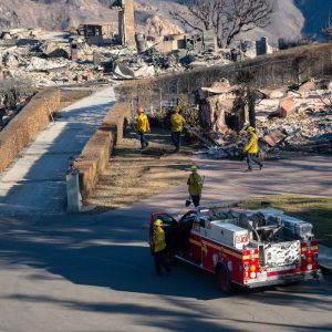 Firefighters do mop-up work amid the devastation caused by the Eaton Fire.