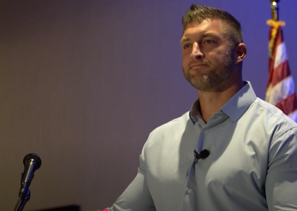 Former NFL quarterback Tim Tebow speaks at the Jan. 16 symposium in Ontario on human trafficking in San Bernardino County.