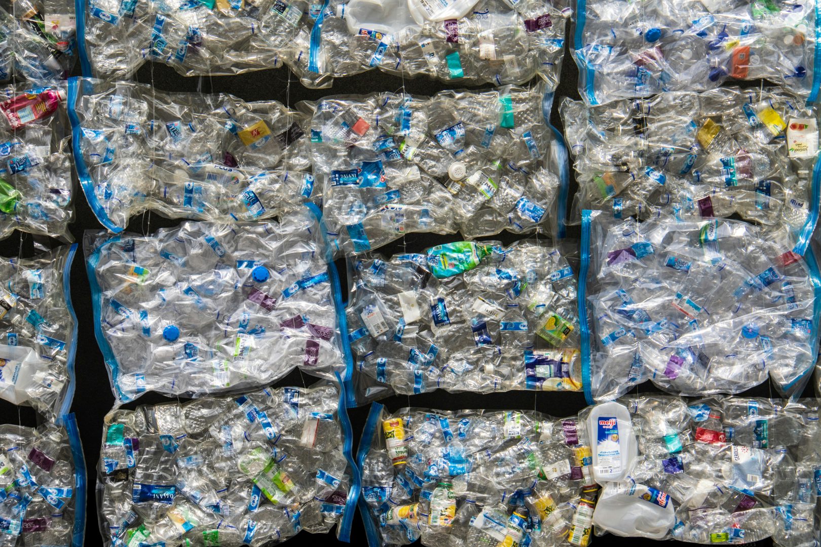 Bales of used plastic containers.