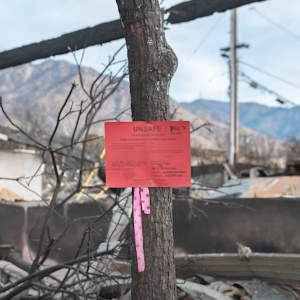 A property damaged in the LA wildfires deemed unsafe to enter is red-tagged.