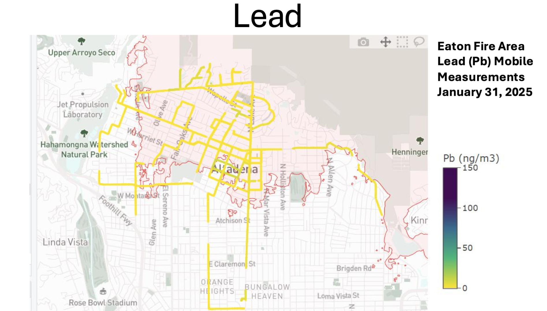 This map shows airborne lead in the Eaton Fire area is well below federal risk standards.