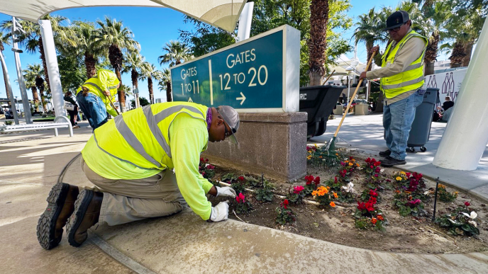 Workers do landscaping work at Palm Springs International Airport.