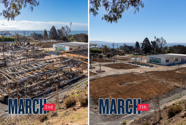 Before and after photos show debris clearance at Marquez Elementary School in Pacific Palisades.