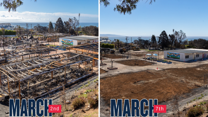 Before and after photos show debris clearance at Marquez Elementary School in Pacific Palisades.