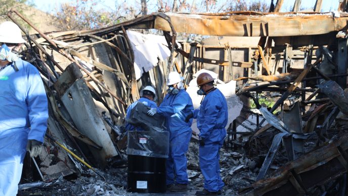 A crew removes hazardous materials from the Eaton Fire Zone.