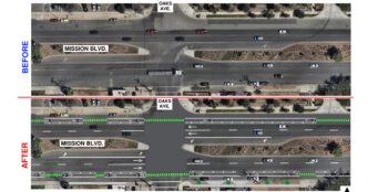 Before and after images show planned upgrades to Mission Boulevard.