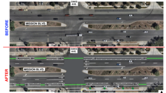 Before and after images show planned upgrades to Mission Boulevard.