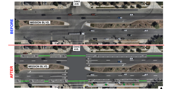 Before and after images show planned upgrades to Mission Boulevard.