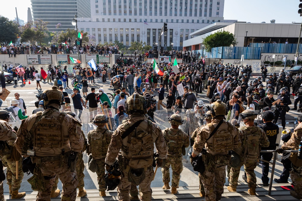 Soldiers guard the Los Angeles Federal Building in downtown on June 9.