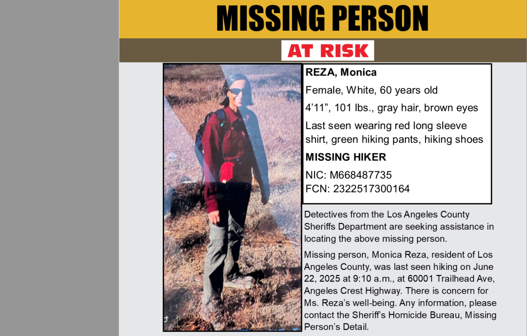 Monica Reza went missing June 23 near the Angeles Crest Highway.