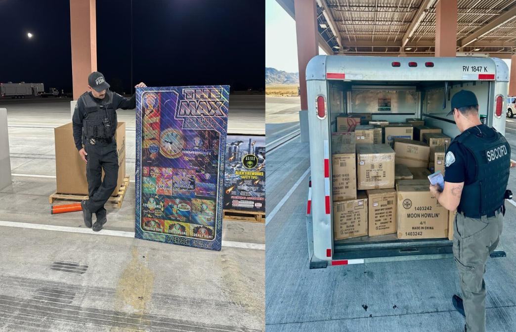 Task force investigators look over seized fireworks.
