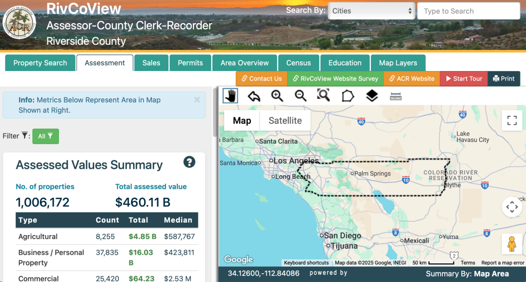 Riverside County assessed property values are available online.