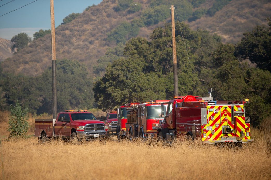 LA County fire trucks gather near the Canyon Fire.