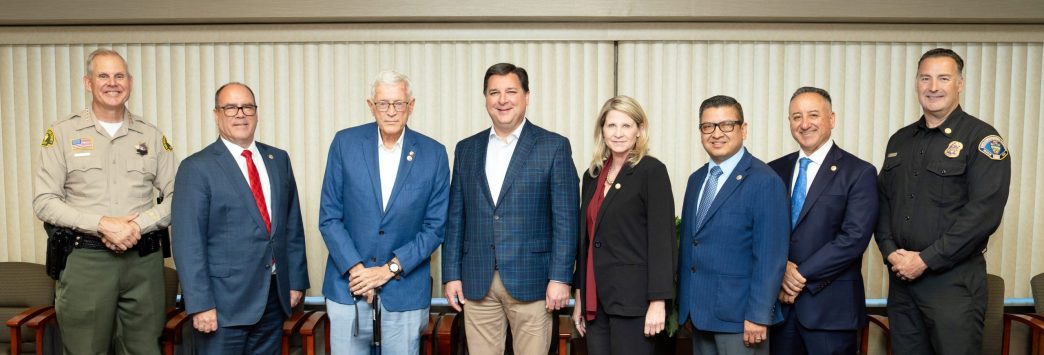 CAP/ From left, San Bernardino County Sheriff Shannon Dicus, county Supervisor Curt Hagman, Supervisor Paul Cook, North Carolina Rep. David Rouzer, R-Wilmington, Board of Supervisors Chairman Dawn Rowe, Supervisor Jesse Armendarez, Supervisor Joe Baca Jr. and county fire Chief Dan Munsey.