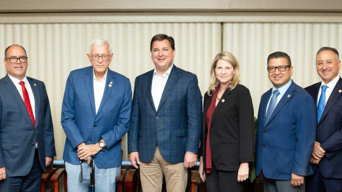 CAP/ From left, San Bernardino County Sheriff Shannon Dicus, county Supervisor Curt Hagman, Supervisor Paul Cook, North Carolina Rep. David Rouzer, R-Wilmington, Board of Supervisors Chairman Dawn Rowe, Supervisor Jesse Armendarez, Supervisor Joe Baca Jr. and county fire Chief Dan Munsey.