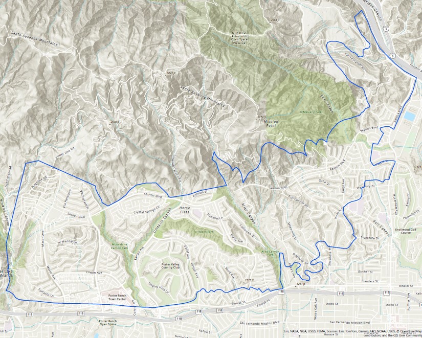 This map shows the area with no water service in Porter Ranch and Granda Hills.