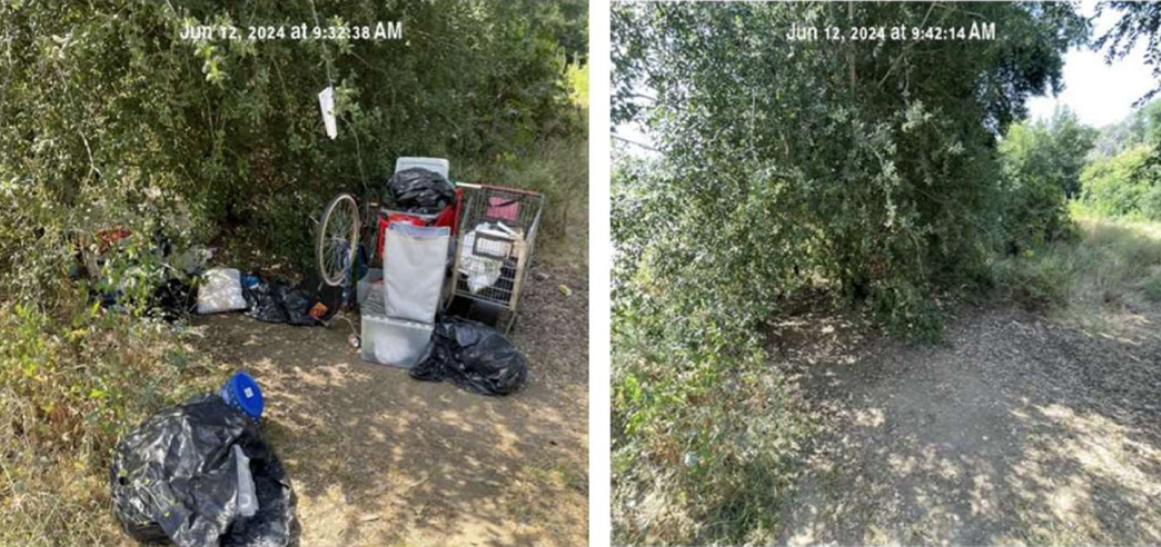 Before and after photos show an encampment cleared by the Riverside Public Safety Engagement Team.