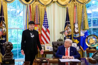 Elon Musk joins President Donald Trump in the Oval Office in May 2025.