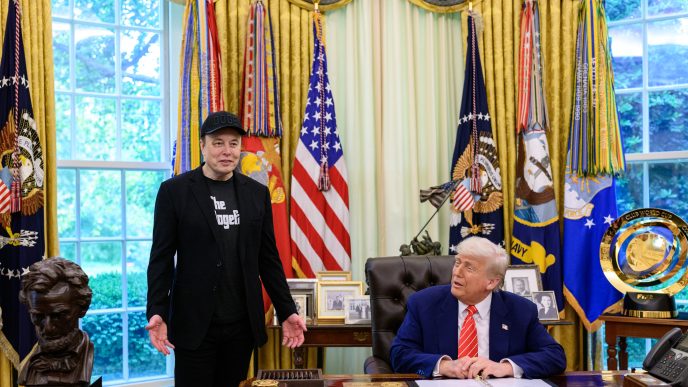 Elon Musk joins President Donald Trump in the Oval Office in May 2025.