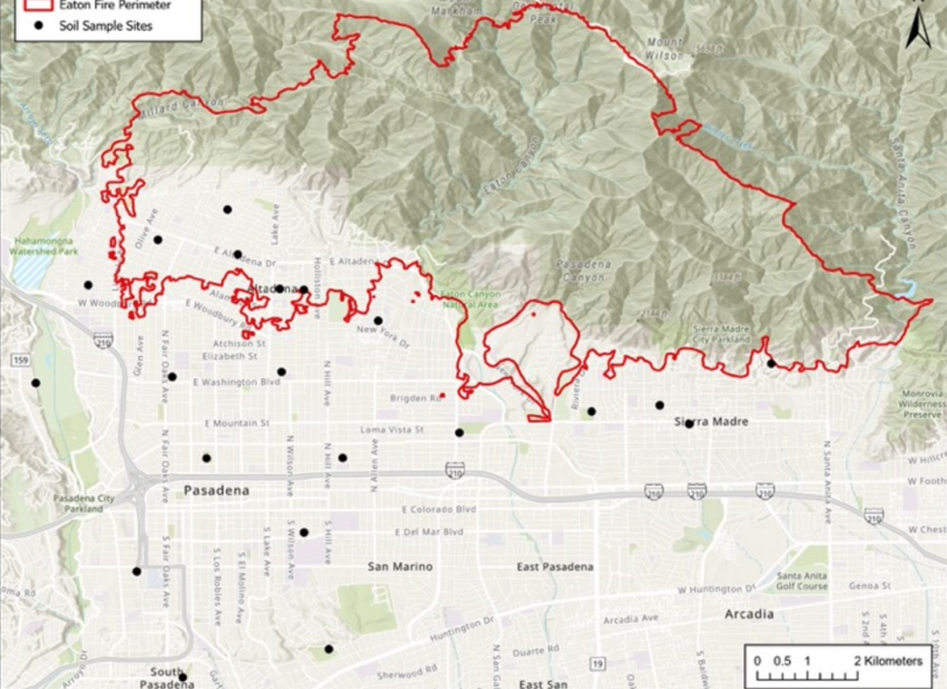 This map shows the perimeter of the Eaton Fire outlined in red with each dot indicating a soil testing site.