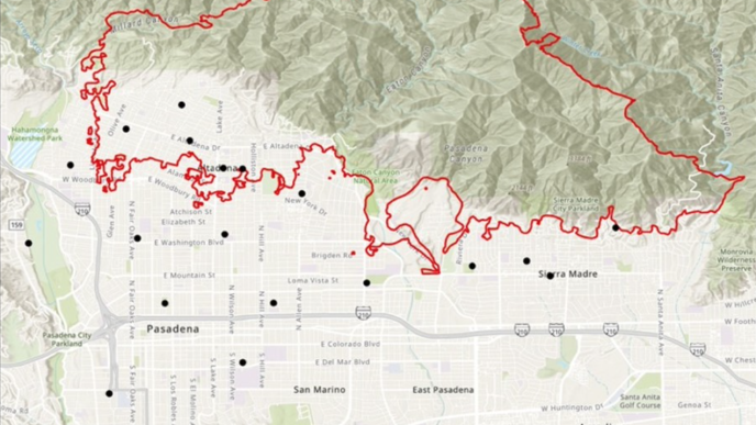 This map shows the perimeter of the Eaton Fire outlined in red with each dot indicating a soil testing site.
