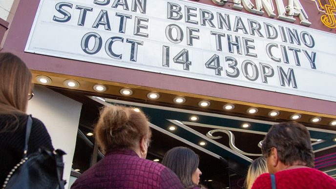 People file into the recently renovated California Theatre for the 2025 San Bernardino State of the City event.