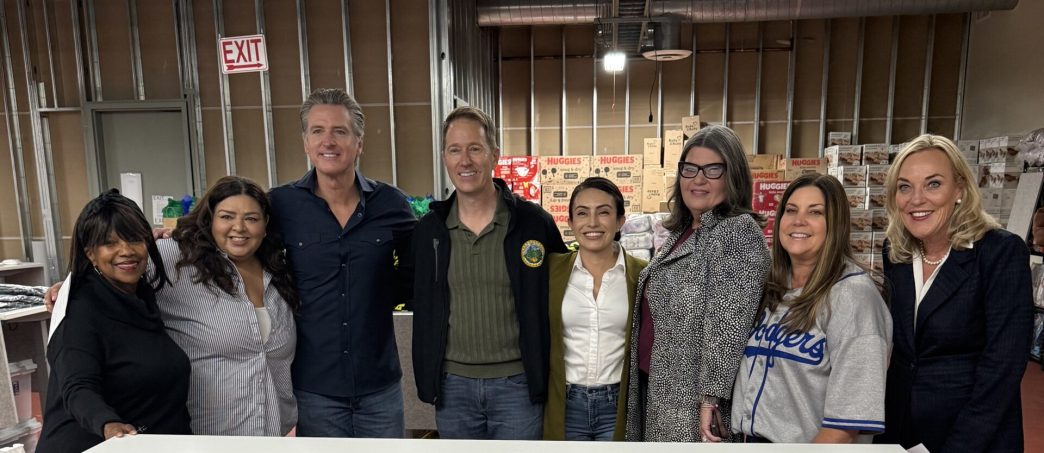 From left: Judy Matthew, Altadena Chamber of Commerce president; Christy Zamani, executive director of Day One; Gov. Gavin Newsom; Nic Arnzen, Altadena Town Council vice chair; state Sen. Sasha Renée Pérez, D-Pasadena; Victoria Knapp, town council president; event planner Jill Hawkins; and Supervisor Kathryn Barger.