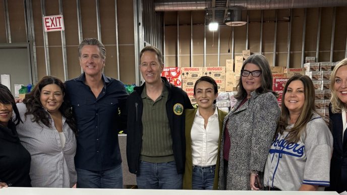 From left: Judy Matthew, Altadena Chamber of Commerce president; Christy Zamani, executive director of Day One; Gov. Gavin Newsom; Nic Arnzen, Altadena Town Council vice chair; state Sen. Sasha Renée Pérez, D-Pasadena; Victoria Knapp, town council president; event planner Jill Hawkins; and Supervisor Kathryn Barger.