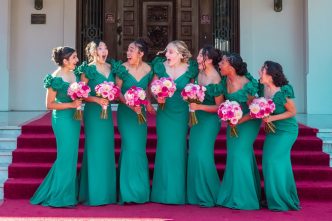 Serena Guo, second from left, reacts along with 2026 Rose Court to her being named Rose Queen.