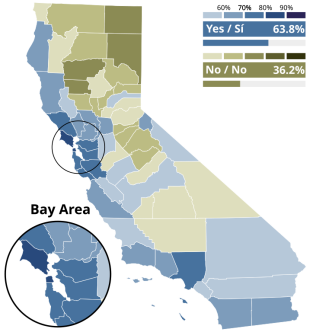 This map shows voting results in California counties for Proposition 50 congressional redistricting.