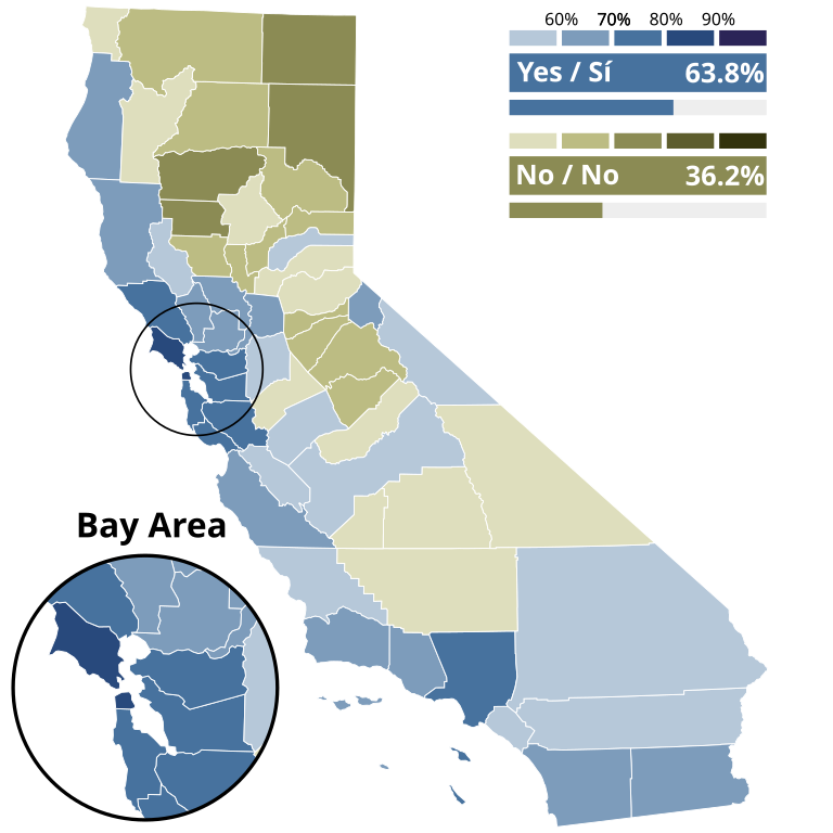 This map shows voting results in California counties for Proposition 50 congressional redistricting.