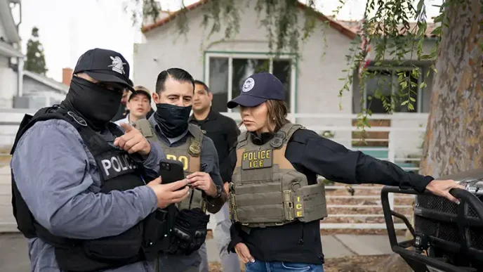 Masked officers brief Department of Homeland Security Secretary Kristi Noem, at right, during an immigration law enforcement operation in Los Angeles June 12, 2025.