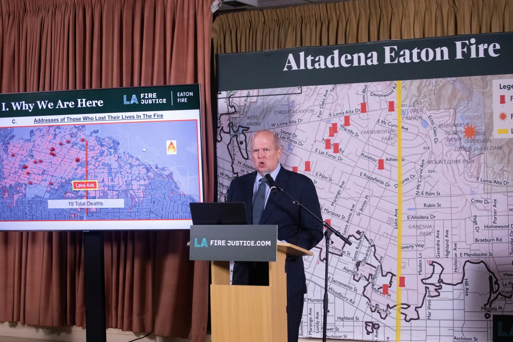 Mikal Watts, an attorney with LA Fire Justice, speaks at a news conference Monday in Altadena to announce a lawsuit against Genasys Inc., Southern California Edison and Edison International over the wrongful death of Stacey Darden. | Photo courtesy of Ringo Chiu/LA Fire Justice