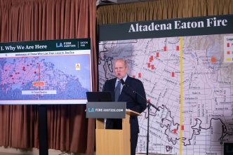 Mikal Watts, an attorney with LA Fire Justice, speaks at a news conference Monday in Altadena to announce a lawsuit against Genasys Inc., Southern California Edison and Edison International over the wrongful death of Stacey Darden. | Photo courtesy of Ringo Chiu/LA Fire Justice