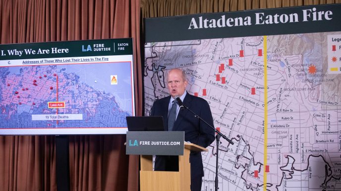 Mikal Watts, an attorney with LA Fire Justice, speaks at a news conference Monday in Altadena to announce a lawsuit against Genasys Inc., Southern California Edison and Edison International over the wrongful death of Stacey Darden. | Photo courtesy of Ringo Chiu/LA Fire Justice