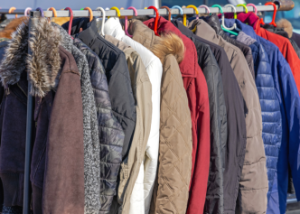 Coats on a rack.