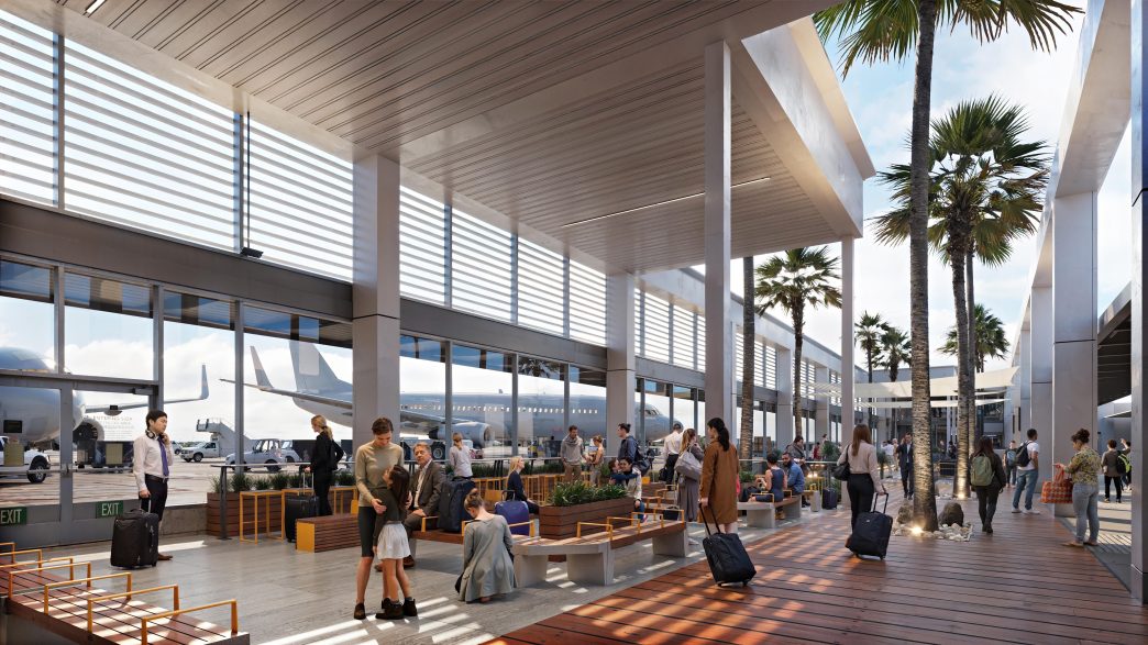 A family of travelers waits for their flight in the Long Beach Airport’s planned modernized concourse.