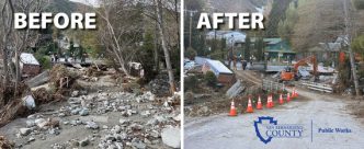 Public Works Department crews restore access after storm damage closes Happy Jack Bridge in Lytle Creek.