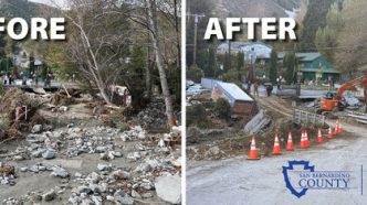 Public Works Department crews restore access after storm damage closes Happy Jack Bridge in Lytle Creek.